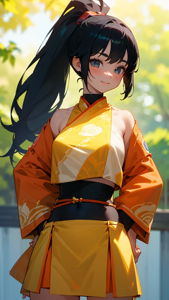 1 Girl、8K、Sharp focus、(Bokeh) (Highest quality) (Detailed skin:1.3) (Intricate details) (anime)、Black Hair, Side Ponytail、18-year-old、(Please put your hands on your hips)、chest、Slim figure、bikini、A pareo skirt with bold ethnic patterns and plenty of primary colors、Realistic Skin、Shiny skin, Sunburned skin、Cowboy Shot、Side body、smile、smile、Park in the background、Soft lighting