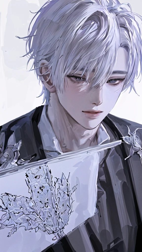 anime boy with white hair and black jacket , boy with white hair, detailed portrait of anime girl, from the front line of boy, semirealistic anime style, amazing anime face portrait, beautiful anime portrait, perfect white haired boy , fine details. girl front line, realistic anime art style, made with anime painter studio, portrait anime boy, anime realism style, white haired,ยิ้ม,ยืนเต็มตัว,เห็นทั้งตัว