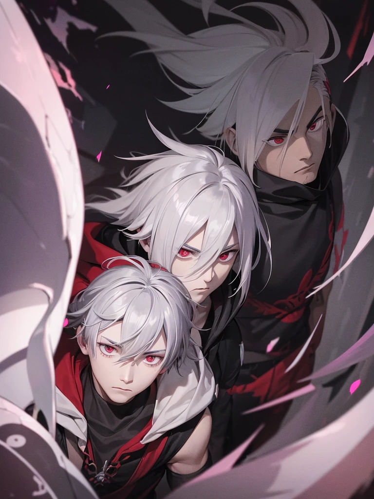 A front of a young man with white hair, red eyes and masculine face. Wearing a black hoodie with purple details. he is in a destroyed city, totally empty. Dungeons and Dragons art direction, studio ghibli Style, light brushstrokes