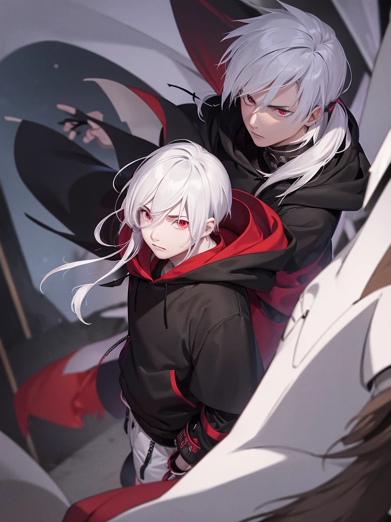 A front of a young man with white hair, red eyes and masculine face. Wearing a black hoodie with purple details. he is in a destroyed city, totally empty. Dungeons and Dragons art direction, studio ghibli Style, light brushstrokes