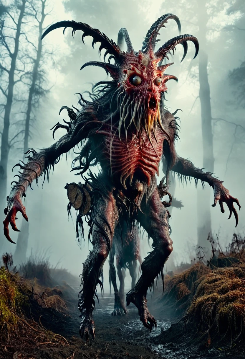  enormous monster with tentacles of meat and horns of goat, eyes on fire, deformed body, disfigured head, mutated limds, dirty fur, disgusting, wrong anatomy, shapeless, distorted, foggy forest, creepy atmosphere, horror ambient, alien