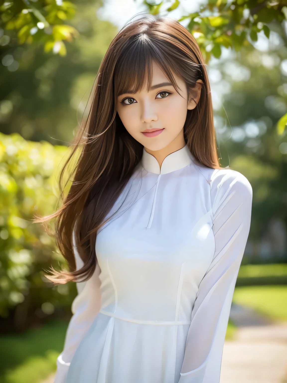 (Best Quality, 8k, 32k, Masterpiece, UHD: 1.3), Attractive Japan Woman Pictures, One Girl, 19 years old , Abs, Perfect Body, Ultra Detailed Face, Detailed Lips, Fine Eyes, Double Eyelids, seductive smile, (white ao dai), light brown hair, bangs, messy hair, elegant pose, sexy girl, Perfect female body, perfect and delicate limbs, Ho Chi Minh City