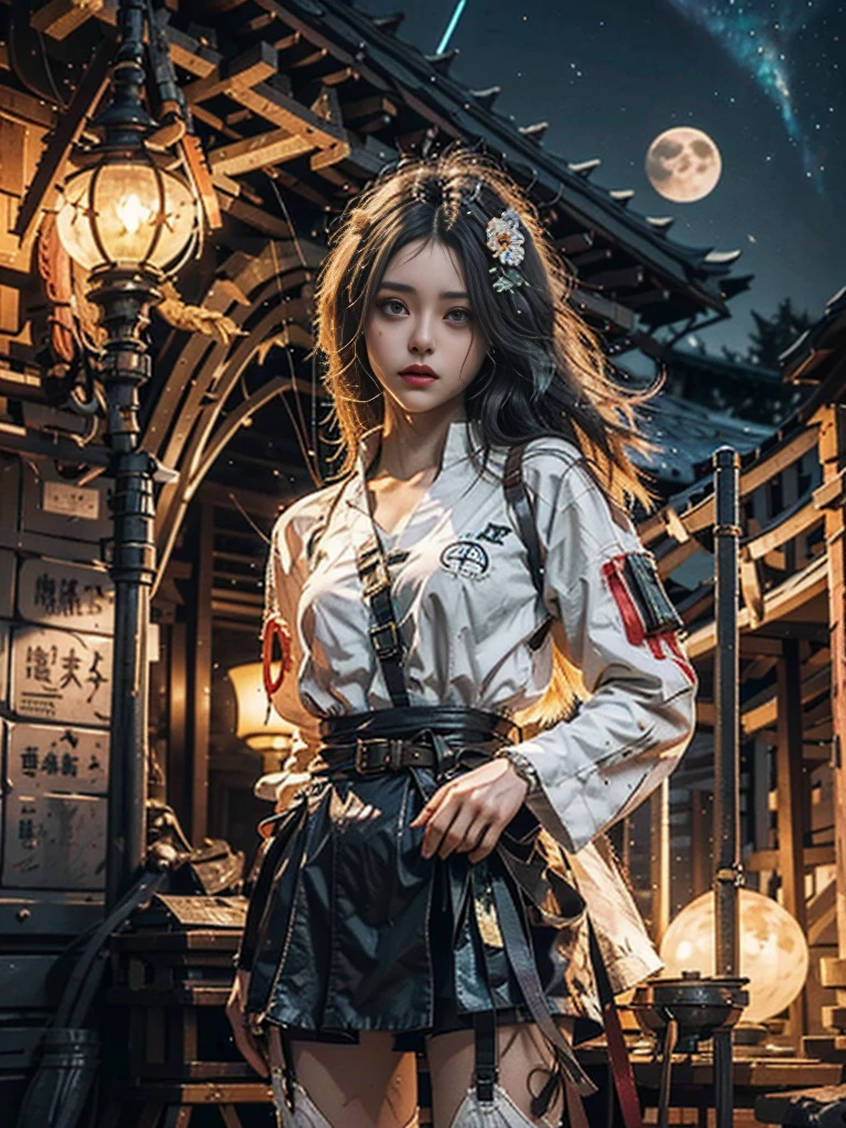 Masterpiece, Best Quality, Cinema, Official Art, Propaganda Art, Cinematic Wallpapers, Very Detailed CG Uniform 4k Wallpapers, Intricate Details, Upper Body, Facial Focus, Concept Art, Production Art, ( , highres, (realistic, photo-realistic:1.2), physically-based rendering, machinery, reflection, realistic, cyberpunk, symmetric front view close up head shot eyes symmetry face very sharp focus realistic award winning matte drawing movie lights, mecha, (Illustration: 1.1), slim, fair skin, delicate face, shine, tights, (long blonde hair), Japanese shrine costume, green eyes, battlefield, chip, shine, vast landscape photo, (from below, starry sky above, open field below), a girl standing on a flower field looking up, (string moon: 1.2), (meteor: 0.9), (nebula: 1.3), tree BREAK making art, (Warm light source: 1.2), (Firefly: 1.2), lamps, lots of purple and orange, intricate details, volumetric lighting, realism BREAK (Masterpiece: 1.2), (Best Quality), 4K, Ultra-Detailed, (Dynamic Composition: 1.4), Very Detailed, Rich in Detail, (Iridescent Colors: 1.2), (Glowing, Atmospheric Illumination), Dreamy, Fantastic, (Solo: 1.2) Gray Hair, Long Flowing Hair, Strong Wind, Orange Eyes, Shiny Eyes, Large, Face, Chest and Thighs Raw, Visible. photorealistic real, portfolio, fine LED,beautifully decorated, beautiful relief, small parts polymerization, metal cylinder, detailed neon, fine LED, fine parts, gear, gauge, pressure gauge, steam