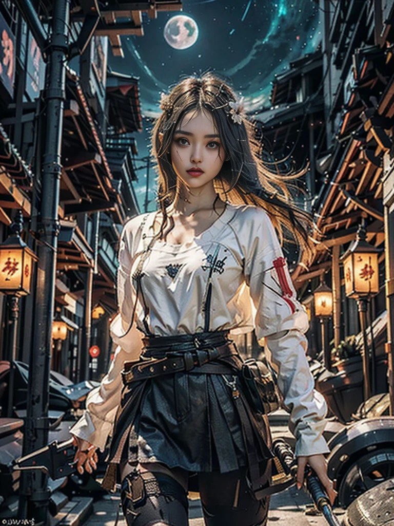 Masterpiece, Best Quality, Cinema, Official Art, Propaganda Art, Cinematic Wallpapers, Very Detailed CG Uniform 4k Wallpapers, Intricate Details, Upper Body, Facial Focus, Concept Art, Production Art, ( , highres, (realistic, photo-realistic:1.2), physically-based rendering, machinery, reflection, realistic, cyberpunk, symmetric front view close up head shot eyes symmetry face very sharp focus realistic award winning matte drawing movie lights, mecha, (Illustration: 1.1), slim, fair skin, delicate face, shine, tights, (long blonde hair), Japanese shrine costume, green eyes, battlefield, chip, shine, vast landscape photo, (from below, starry sky above, open field below), a girl standing on a flower field looking up, (string moon: 1.2), (meteor: 0.9), (nebula: 1.3), tree BREAK making art, (Warm light source: 1.2), (Firefly: 1.2), lamps, lots of purple and orange, intricate details, volumetric lighting, realism BREAK (Masterpiece: 1.2), (Best Quality), 4K, Ultra-Detailed, (Dynamic Composition: 1.4), Very Detailed, Rich in Detail, (Iridescent Colors: 1.2), (Glowing, Atmospheric Illumination), Dreamy, Fantastic, (Solo: 1.2) Gray Hair, Long Flowing Hair, Strong Wind, Orange Eyes, Shiny Eyes, Large, Face, Chest and Thighs Raw, Visible. photorealistic real, portfolio, fine LED,beautifully decorated, beautiful relief, small parts polymerization, metal cylinder, detailed neon, fine LED, fine parts, gear, gauge, pressure gauge, steam