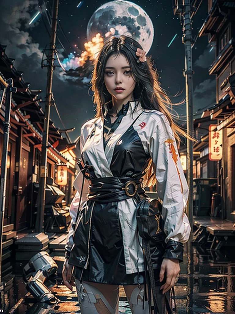 Masterpiece, Best Quality, Cinema, Official Art, Propaganda Art, Cinematic Wallpapers, Very Detailed CG Uniform 4k Wallpapers, Intricate Details, Upper Body, Facial Focus, Concept Art, Production Art, ( , highres, (realistic, photo-realistic:1.2), physically-based rendering, machinery, reflection, realistic, cyberpunk, symmetric front view close up head shot eyes symmetry face very sharp focus realistic award winning matte drawing movie lights, mecha, (Illustration: 1.1), slim, fair skin, delicate face, shine, tights, (long blonde hair), Japanese shrine costume, green eyes, battlefield, chip, shine, vast landscape photo, (from below, starry sky above, open field below), a girl standing on a flower field looking up, (string moon: 1.2), (meteor: 0.9), (nebula: 1.3), tree BREAK making art, (Warm light source: 1.2), (Firefly: 1.2), lamps, lots of purple and orange, intricate details, volumetric lighting, realism BREAK (Masterpiece: 1.2), (Best Quality), 4K, Ultra-Detailed, (Dynamic Composition: 1.4), Very Detailed, Rich in Detail, (Iridescent Colors: 1.2), (Glowing, Atmospheric Illumination), Dreamy, Fantastic, (Solo: 1.2) Gray Hair, Long Flowing Hair, Strong Wind, Orange Eyes, Shiny Eyes, Large, Face, Chest and Thighs Raw, Visible. photorealistic real, portfolio, fine LED,beautifully decorated, beautiful relief, small parts polymerization, metal cylinder, detailed neon, fine LED, fine parts, gear, gauge, pressure gauge, steam