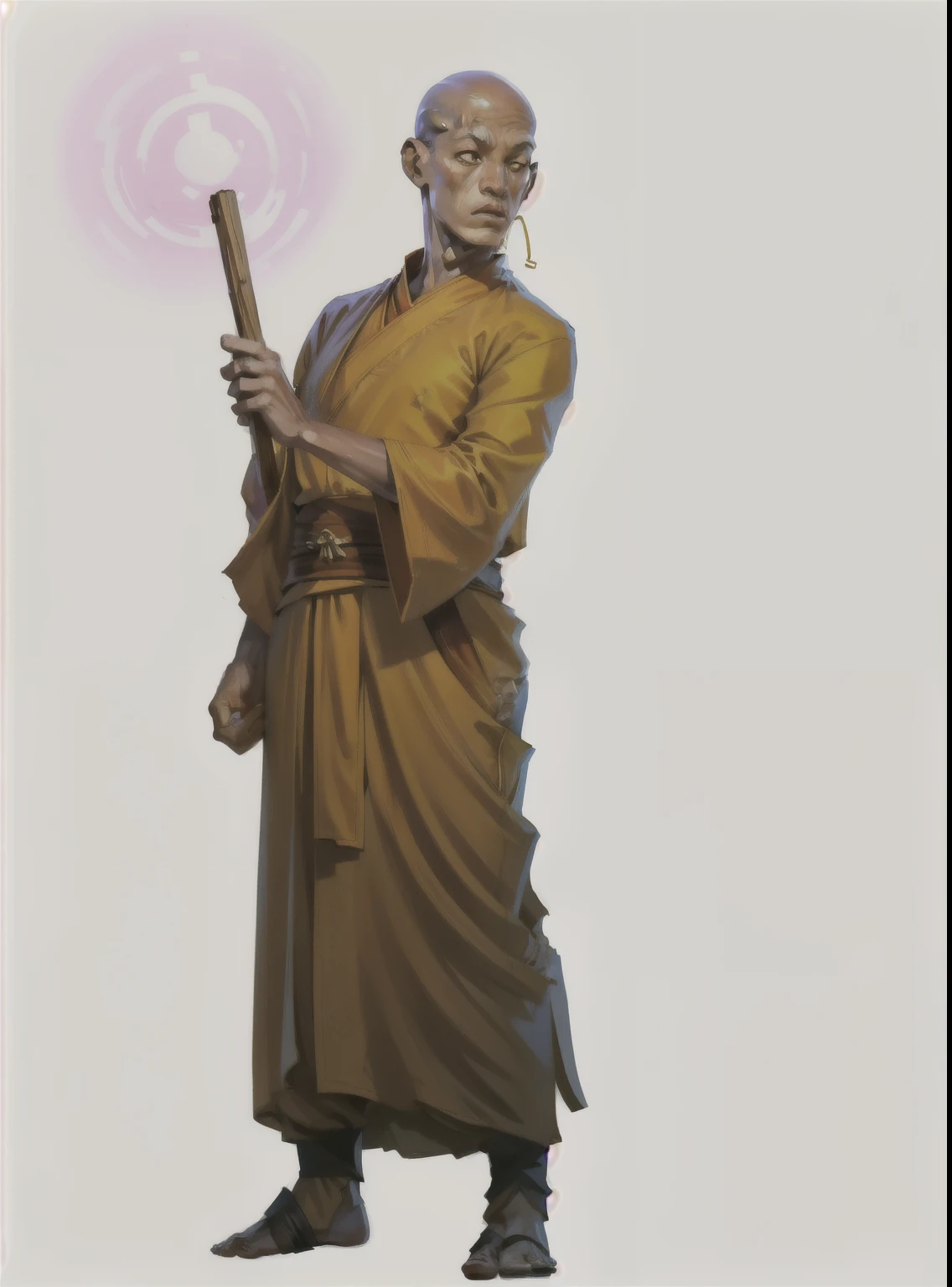 I want a character with white background, png, full body image, Monk, yellow clothes, bald, Asian, wooden stick, and meditating.