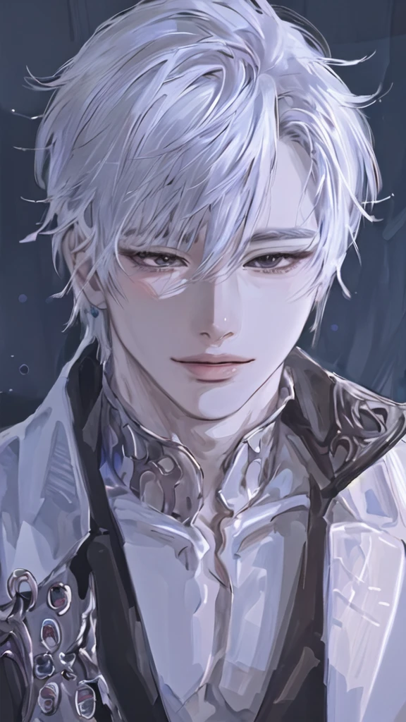 anime boy with white hair and black jacket , boy with white hair, detailed portrait of anime girl, from the front line of boy, semirealistic anime style, amazing anime face portrait, beautiful anime portrait, perfect white haired boy , fine details. girl front line, realistic anime art style, made with anime painter studio, portrait anime boy, anime realism style, white haired,ยิ้ม,ยืนเต็มตัว,เห็นทั้งตัว