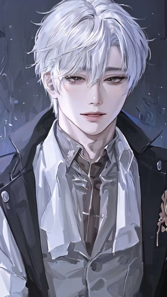 anime boy with white hair and black jacket , boy with white hair, detailed portrait of anime girl, from the front line of boy, semirealistic anime style, amazing anime face portrait, beautiful anime portrait, perfect white haired boy , fine details. girl front line, realistic anime art style, made with anime painter studio, portrait anime boy, anime realism style, white haired,ยิ้ม,ยืนเต็มตัว,เห็นทั้งตัว