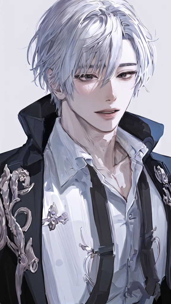 anime boy with white hair and black jacket , boy with white hair, detailed portrait of anime girl, from the front line of boy, semirealistic anime style, amazing anime face portrait, beautiful anime portrait, perfect white haired boy , fine details. girl front line, realistic anime art style, made with anime painter studio, portrait anime boy, anime realism style, white haired,ยิ้ม,ยืนเต็มตัว,เห็นทั้งตัว