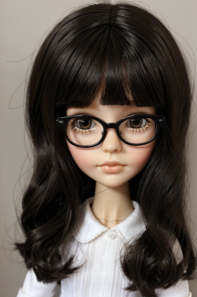 one Blythe doll dark hair without bangs, light skin, dark eyes and glasses