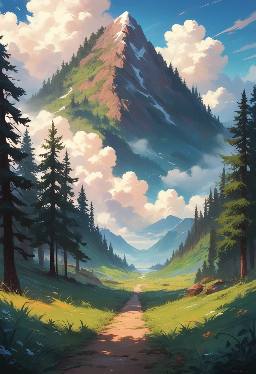 concept art,concept art,Samia, tree, view, cloud, outdoor, sky, day, mountain, grass, nature, MKSKS style, best quality, perfect