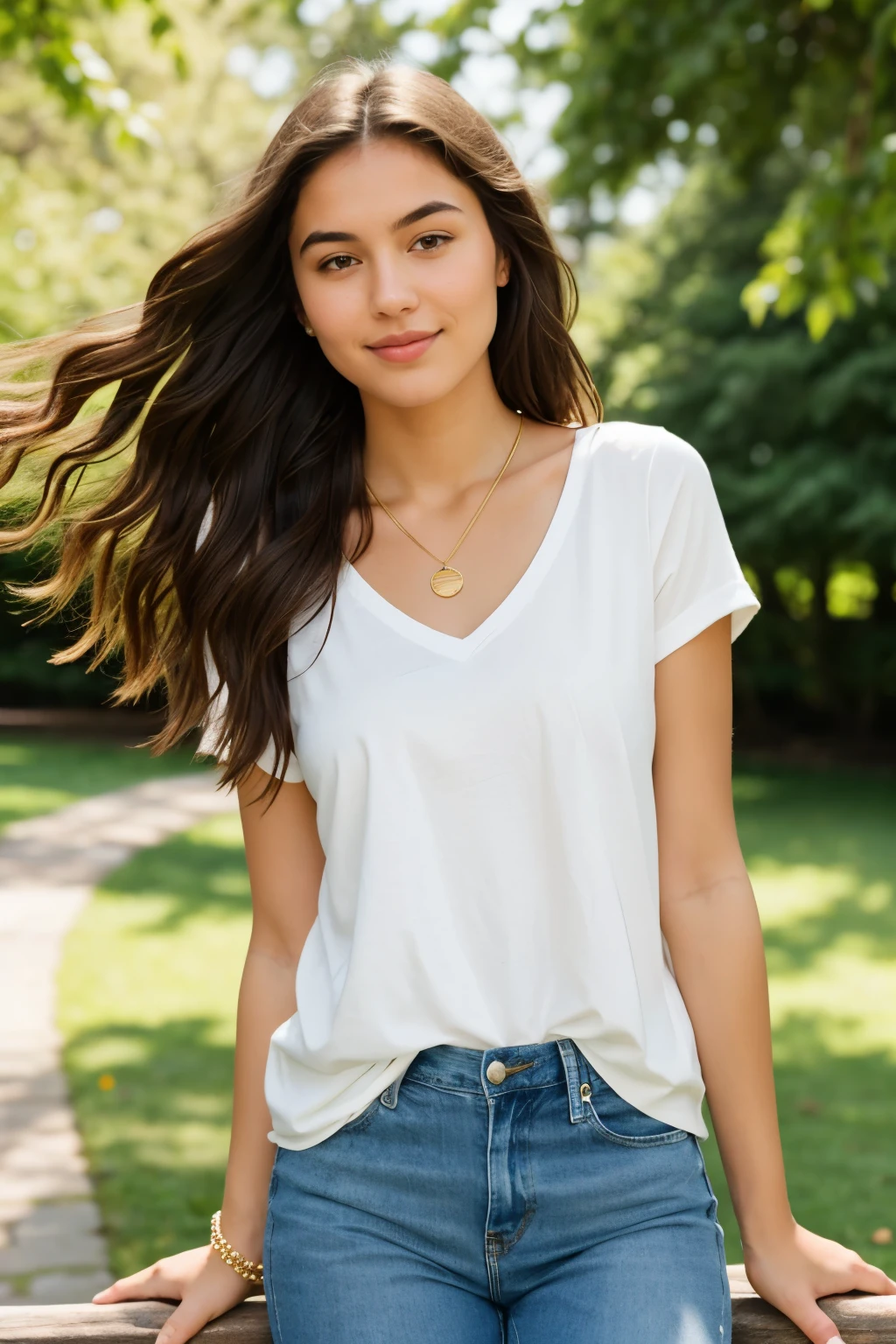 A girl about 20 years old, approximately 1.70 meters tall, with a slim and toned physique. She has long, wavy dark brown hair with golden highlights. Her eyes are large and emerald green, with long and thick eyelashes. Her skin is fair with a light golden tan, even and flawless. Her eyebrows are thick and well-defined, matching her hair color. Her lips are full and naturally rosy, with a slight smile. She is wearing a fitted white V-neck t-shirt, light blue skinny jeans with slight rips at the knees, and clean, modern white sneakers. For accessories, she has a simple necklace with a small heart-shaped pendant and a beaded bracelet on her right wrist. She is in a city park on a sunny day, surrounded by green trees and flowering bushes, with a wooden bench behind her and a paved path winding through the greenery. The sky is blue with a few scattered white clouds. She is standing slightly in profile, with one hand gently lifting a lock of hair and the other hand casually resting on her hip. She has a serene and relaxed expression, with a slight smile on her lips. The scene is illuminated by natural sunlight, creating soft shadows and highlighting the reflections in her hair and the tone of her skin. The sunlight is coming from the left, creating side lighting that adds depth and realism to the image.