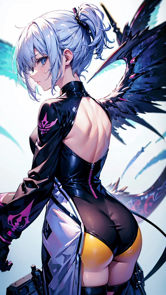 profile background, anime girl, serious face, fringe, short white hair, eyes purple, martial arts clothing, high-res portrait, detailed eyes and face, character, fantasy, with a blue dragon behind, advanced urban, looking from behind at viewer, 4K, high resolution