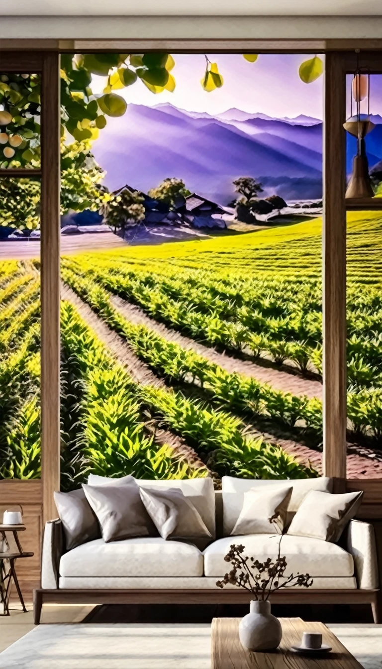 A rural view from the living room of an old house、Large living room、Real、Ultra-detailed landscapes、Portrait Photography、 Highest quality, Highly detailed 8k wallpaper, Beautiful details、Transcendently beautiful、Spectacular views、