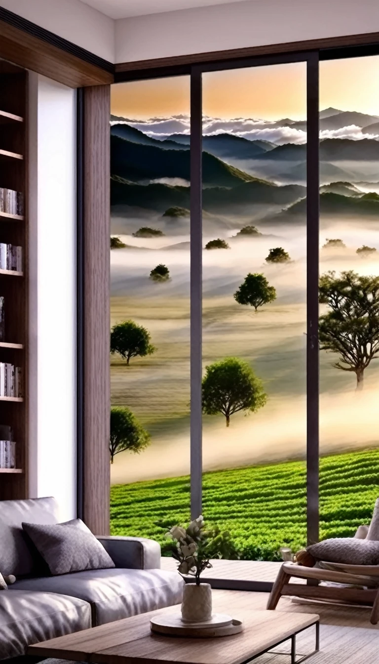A rural view from the living room of an old house、Large living room、Real、Ultra-detailed landscapes、Portrait Photography、 Highest quality, Highly detailed 8k wallpaper, Beautiful details、Transcendently beautiful、Spectacular views、