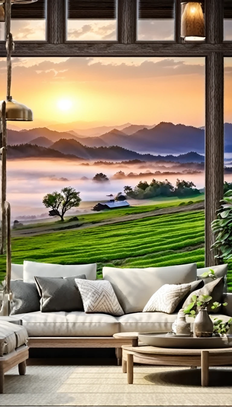 A rural view from the living room of an old house、Large living room、Real、Ultra-detailed landscapes、Portrait Photography、 Highest quality, Highly detailed 8k wallpaper, Beautiful details、Transcendently beautiful、Spectacular views、
