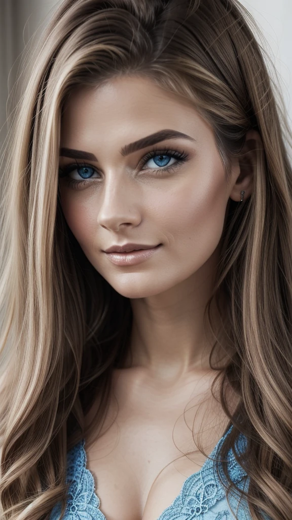 Create a realistic image of a stunning Ukrainian woman. She should have striking blue eyes and long, curly blonde hair. Her lips should be vividly red and sensual, accentuating her angelic face. Her eyes should be elegantly e up, with long and well-defined eyelashes. Her face should be beautifully madp, highlighting her natural beauty. She should have the appearance of a model, radiating charm and grace. The woman is looking directly at the camera