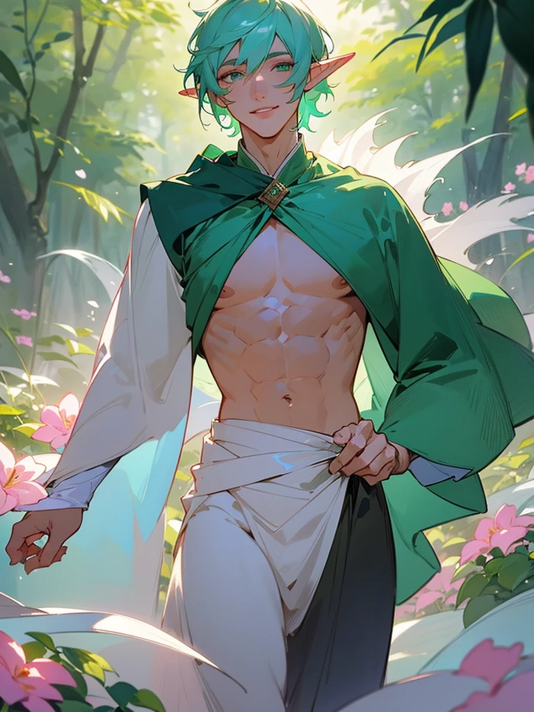 ((A cute boy))　green colored hair　short-hair、Longsidebian　Red Eyes　Elven ears　Uplifted face　barechested　teats　Dancer costumes　Sheer costume　Put your finger to your lips　A smile　A sexy　Male 