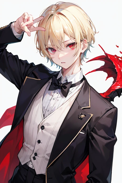 heterochromia,역동적인 pose,Take photos,pose,upper body, male, adult, Short hair, blond hair, suit, expressionless, tear, vampire