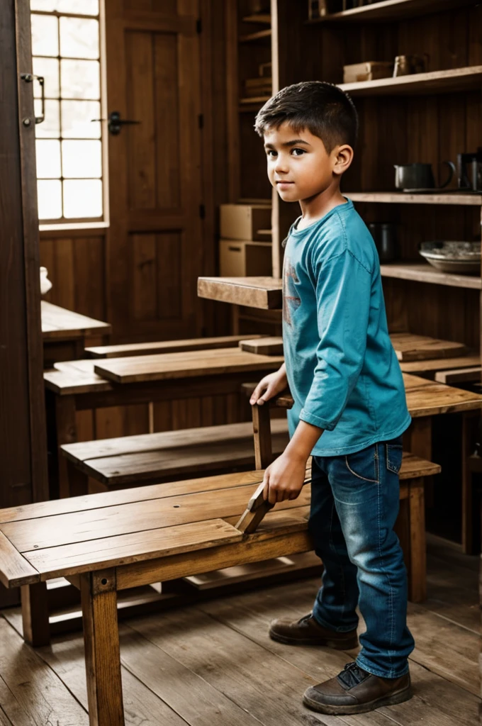 Boy carrying battered table to carpenter