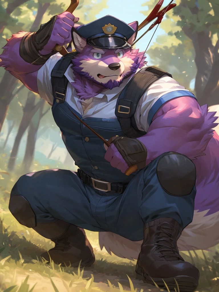 anthro, kemono, male, solo, ((round face, very plump face, thick beard)), (((dark beard))), ((endomorph body type, old-aged, mature)), ((purple fox, fox) fluffy fur, fluffy), (at training camp, field), bokeh, (high quality, highres, masterpiece), (dynamic lighting, vivid color), (calm expression), (face focus), front view (close up), cartoon, (((purple fox))), (((purple fur))), purple hair, beard, white eyebrows, detailed green eyes, tall, steel hunting bow, (((archery armor, military hat, police man, black color outfit, military shoes, police cap, uniform))), by zixiong, by takemoto arashi, by zixiong, (by null-ghost:0.8), (by t.y.stars:0.4), raise a hunting bow and aim the arrow at the viewer, (((action pose))), The man stands with his feet shoulder-width apart, his non-dominant hand gripping the bow firmly. He pulls the bowstring back with his dominant hand, the muscles in his arm and shoulder flexing with the effort. His eyes are narrowed, focused intently on his target.