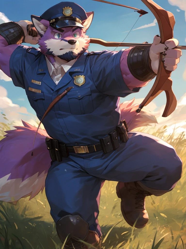 anthro, kemono, male, solo, ((round face, very plump face, thick beard)), (((dark beard))), ((endomorph body type, old-aged, mature)), ((purple fox, fox) fluffy fur, fluffy), (at training camp, field), bokeh, (high quality, highres, masterpiece), (dynamic lighting, vivid color), (calm expression), (face focus), front view (close up), cartoon, (((purple fox))), (((purple fur))), purple hair, beard, white eyebrows, detailed green eyes, tall, steel hunting bow, (((archery armor, military hat, police man, black color outfit, military shoes, police cap, uniform))), by zixiong, by takemoto arashi, by zixiong, (by null-ghost:0.8), (by t.y.stars:0.4), raise a hunting bow and aim the arrow at the viewer, (((action pose))), The man stands with his feet shoulder-width apart, his non-dominant hand gripping the bow firmly. He pulls the bowstring back with his dominant hand, the muscles in his arm and shoulder flexing with the effort. His eyes are narrowed, focused intently on his target.