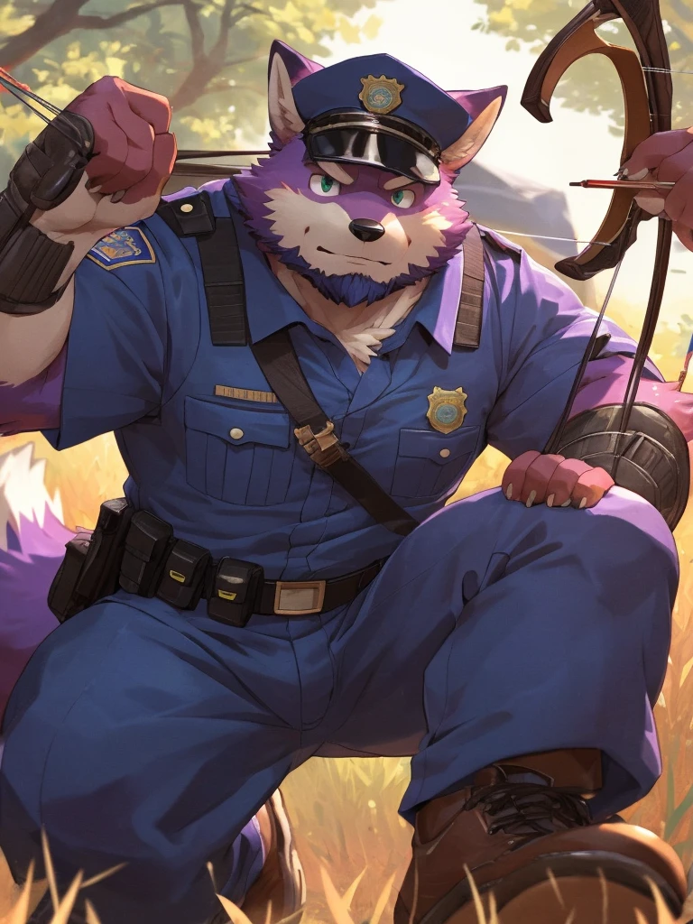 anthro, kemono, male, solo, ((round face, very plump face, thick beard)), (((dark beard))), ((endomorph body type, old-aged, mature)), ((purple fox, fox) fluffy fur, fluffy), (at training camp, field), bokeh, (high quality, highres, masterpiece), (dynamic lighting, vivid color), (calm expression), (face focus), front view (close up), cartoon, (((purple fox))), (((purple fur))), purple hair, beard, white eyebrows, detailed green eyes, tall, steel hunting bow, (((archery armor, military hat, police man, black color outfit, military shoes, police cap, uniform))), by zixiong, by takemoto arashi, by zixiong, (by null-ghost:0.8), (by t.y.stars:0.4), raise a hunting bow and aim the arrow at the viewer, (((action pose))), The man stands with his feet shoulder-width apart, his non-dominant hand gripping the bow firmly. He pulls the bowstring back with his dominant hand, the muscles in his arm and shoulder flexing with the effort. His eyes are narrowed, focused intently on his target.