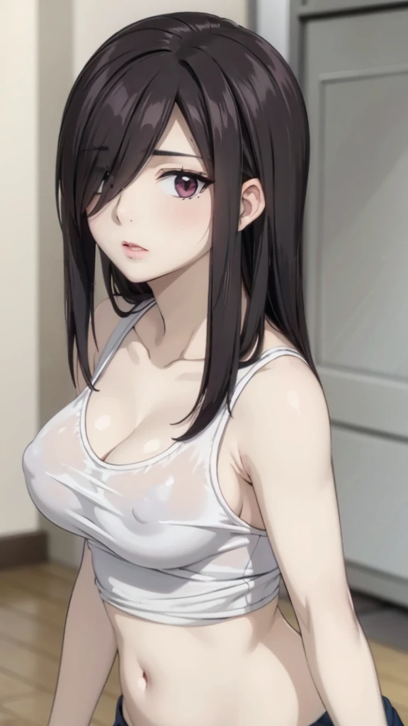 Cute ,busty mature women,plump, chubby, fat,realistic skin, tanktop see through nipple,realistic breast, saggy breast, nipple out,muted colours, cold lighting, pale white skin, mature women,black hair, long hair, (hair over one eye:1.4), Messy hair,straight hair,hair between eyes ,sleepy eyes ,beautiful,pucker lips,smeared lipstick,charm,pubic hair pussy,dense pubic hair, cute shy blush on