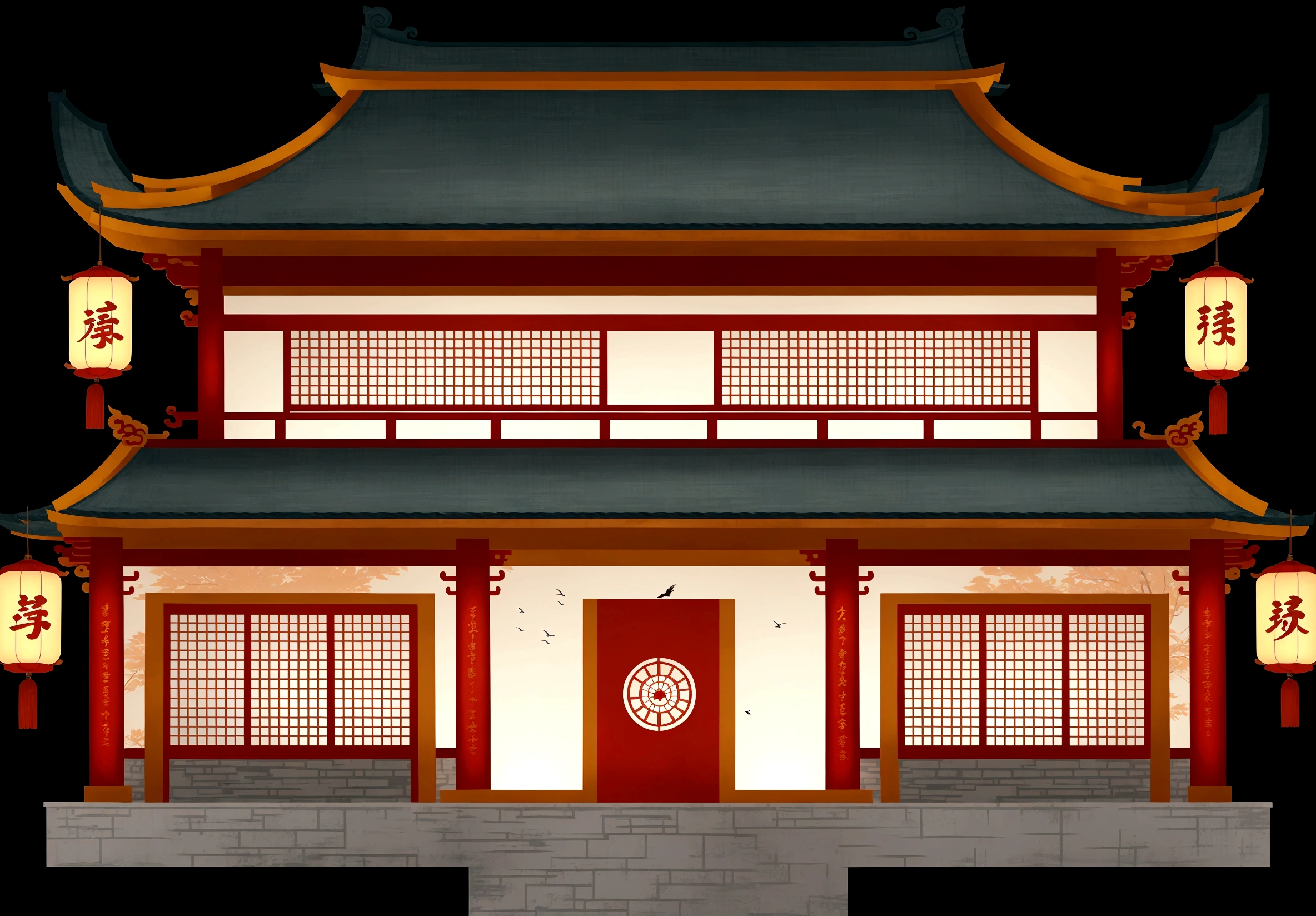 illustration of a traditional chinese building with lanterns and a clock, zen temple background, temple background, background depicting a temple, digital painting of a pagoda, chinese temple, chinese house, inspired by Itō Jakuchū, chinese temples, ancient chinese architecture, there are 3 floors