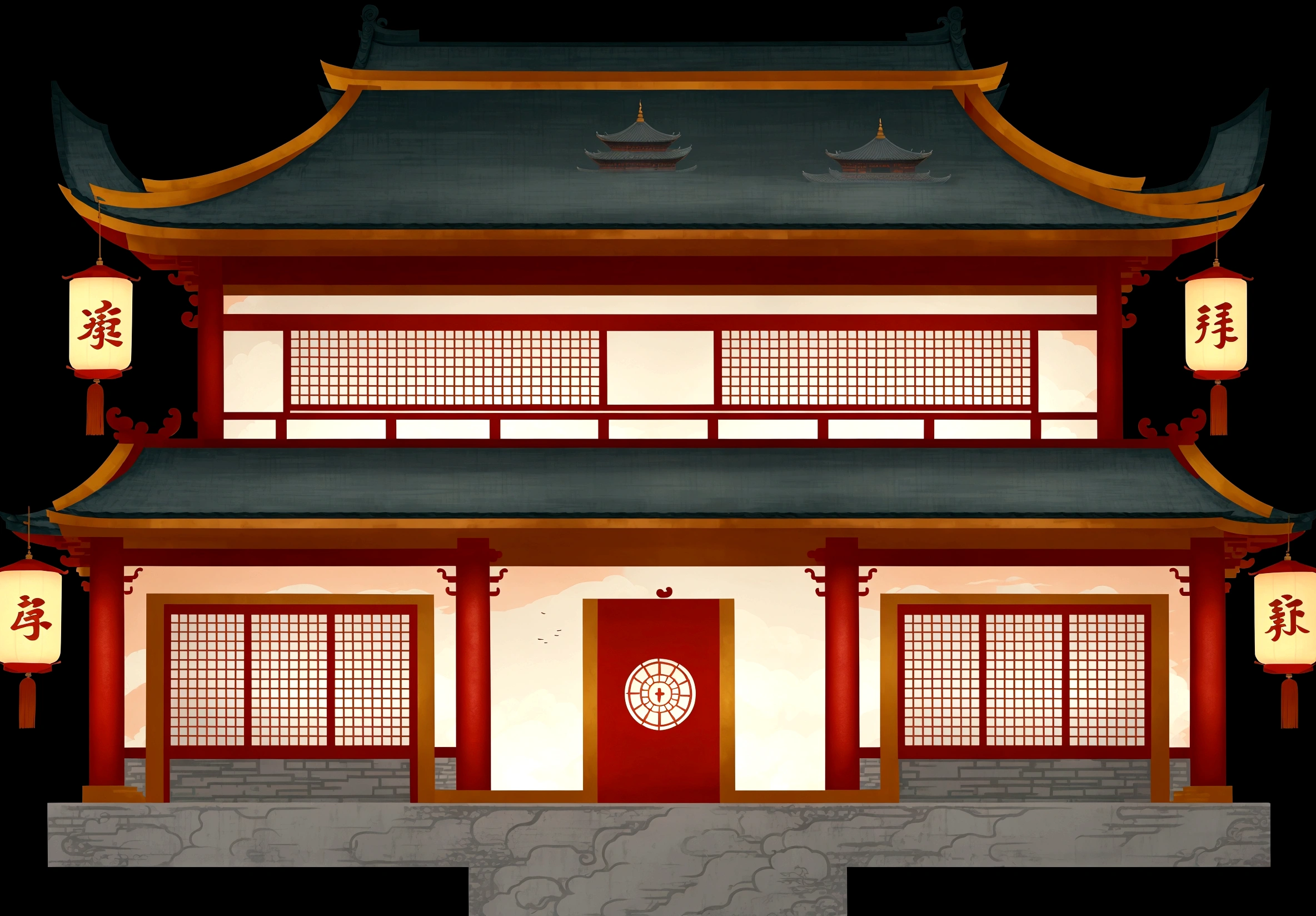 illustration of a traditional chinese building with lanterns and a clock, zen temple background, temple background, background depicting a temple, digital painting of a pagoda, chinese temple, chinese house, inspired by Itō Jakuchū, chinese temples, ancient chinese architecture, there are 3 floors
