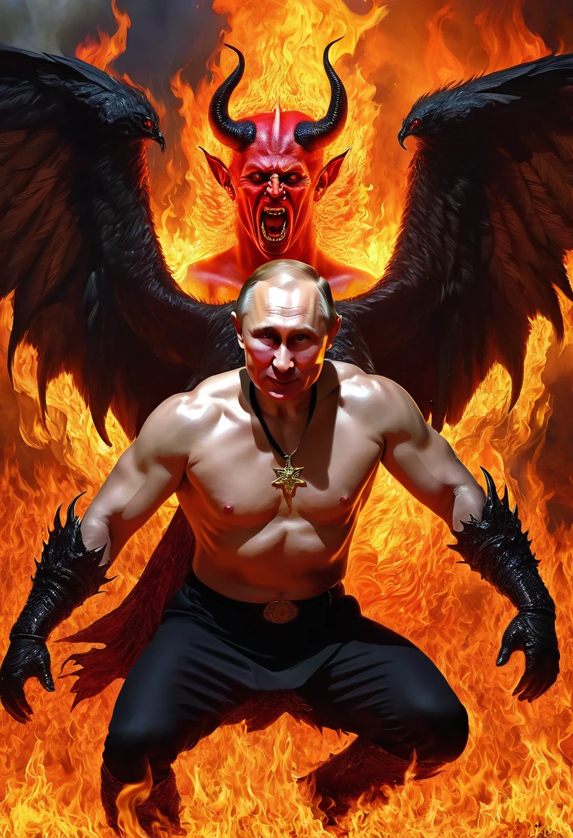 Vladimir Putin in hell, Torment, flames, features, Satan, Realism, 