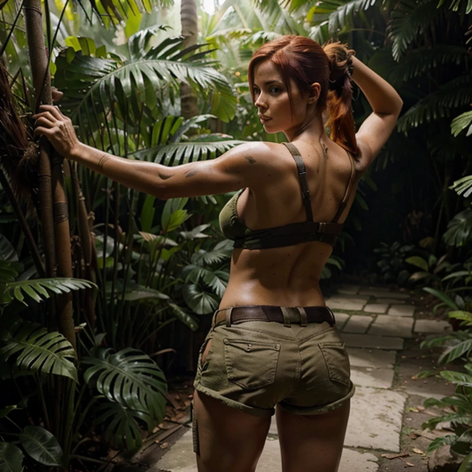 Sexy rear view pose of tomb raider in shorts, in a jungle, redhead, looking over shoulder at camera