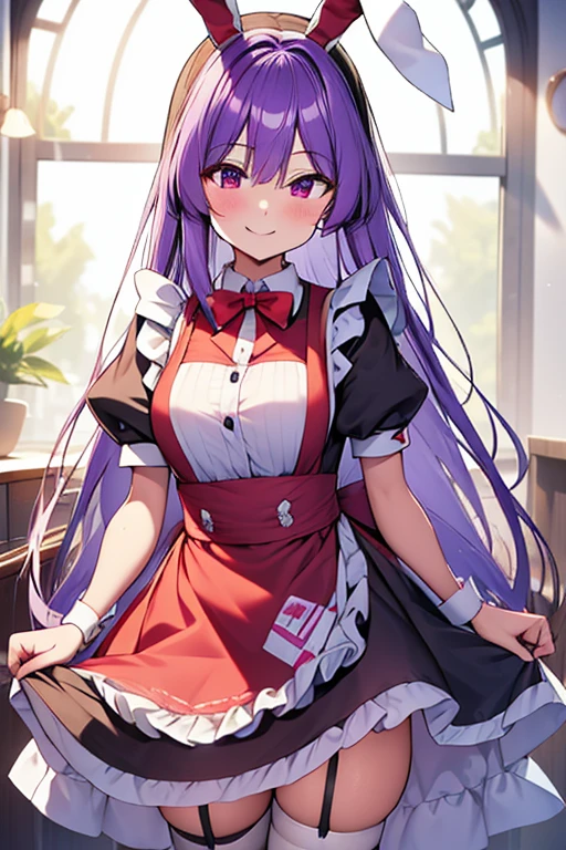 reisen₋udongein₋inaba light blue-purple long hair red eyes maid dress smiling top quality masterpiece