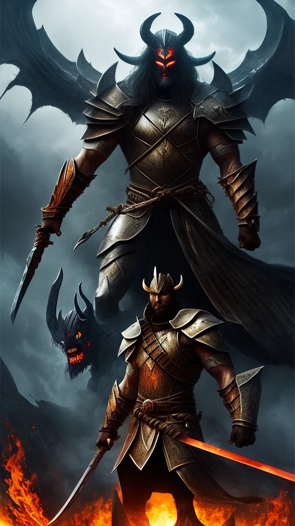 A warrior in front facing a giant demon