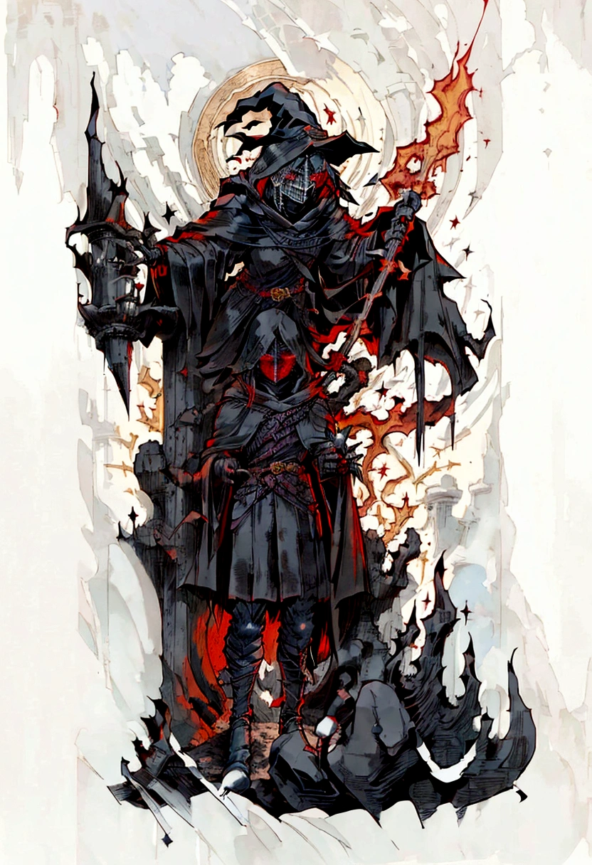a person in a black robe and red cape is standing with their hands out, human occultist, dark robed witch, fullbody pose, wearing cultist red robe, evil mage/witch, evil, 1 person only, visible human face, ordinary fantasy medieval city background, dark background