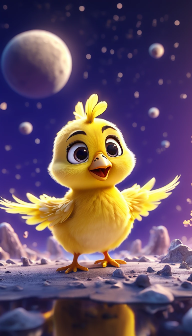 cute yellow chick, standing on moon, cartoon,arms, hands,cute eyes, looking at viewer, hands up, effects background, particles