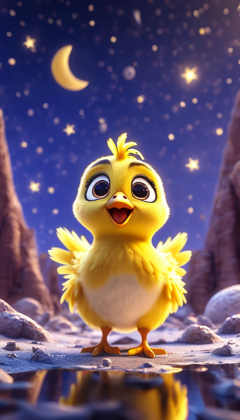 cute yellow chick, standing on moon, cartoon,arms, hands,cute eyes, looking at viewer, hands up, effects background, particles