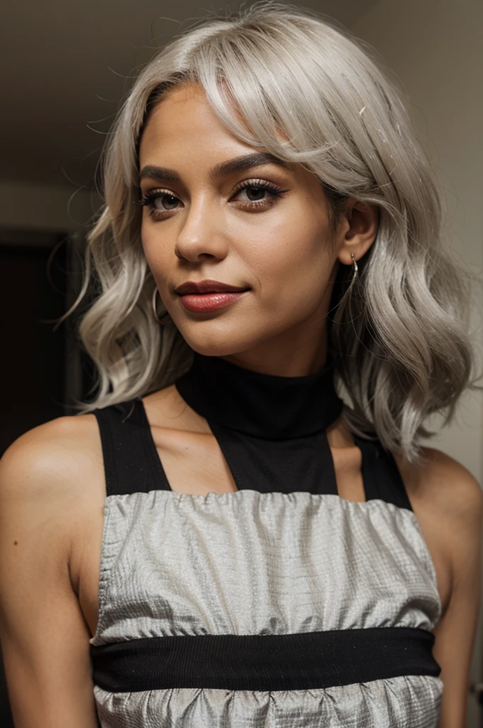 black American hair model girl, short tube silver color frock, makeups, lipstick, eye lashes, curly white hair, looking side smile, whole body
