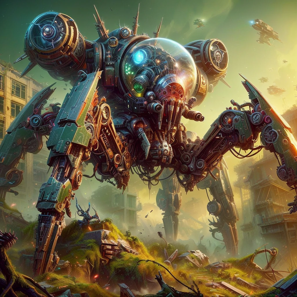 Warhammer 40k,science fiction, weaponized military robotic spider with glass body parts and visible inner workings, patrolling through a destroyed town with overgrown jungle, ultra-detailed, vivid colors, vibrant contrasts, oblique angle, floating particles, kalendermotiv,a close up of a giant spider with many legs and legs, stunning sci-fi concept art, highly realistic concept art, mystical sci-fi concept art, beeple and greg rutkowski, 3 d render beeple, greg beeple, highly detailed concept art, fantastic screenshot art, ultra detailed concept art, by Ludwik Konarzewski Jr