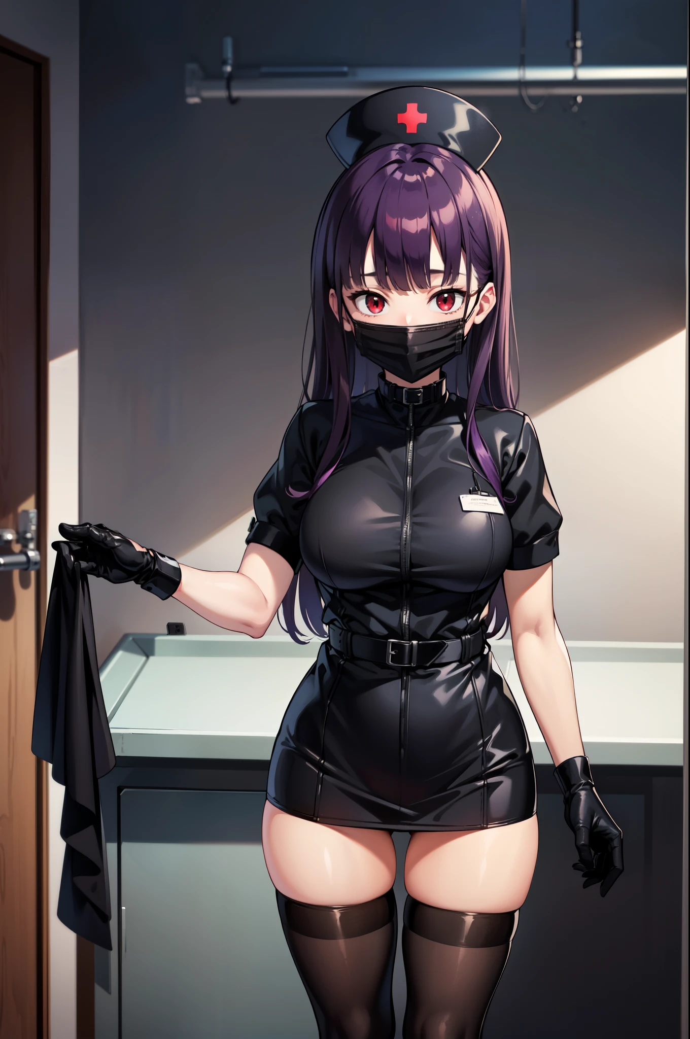 black nurse, 1woman, solo, black nurse cap, black nurse uniform, ((black legwear, zettai ryouiki)), black elbow gloves, long hair, purple hair, red eyes, ((black surgical mask, covered nose)), standing, ((surgery room)), sharp outline, short sleeves, mature female, 35 years old, best quality, masterpiece