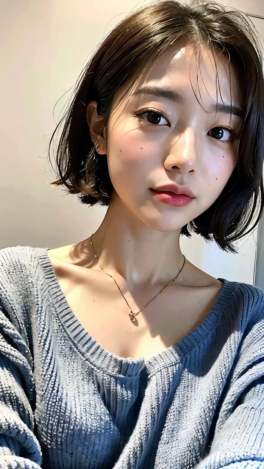 (Highest quality、8K、32k、masterpiece、Ultra-high resolution:1.2)、Cute Japanese Women Photos、Big ample breasts、Very short bob hair、Upper body、Face Focus、Extra Large_sweater、necklace、Simple Background、From above、Looking at the audience