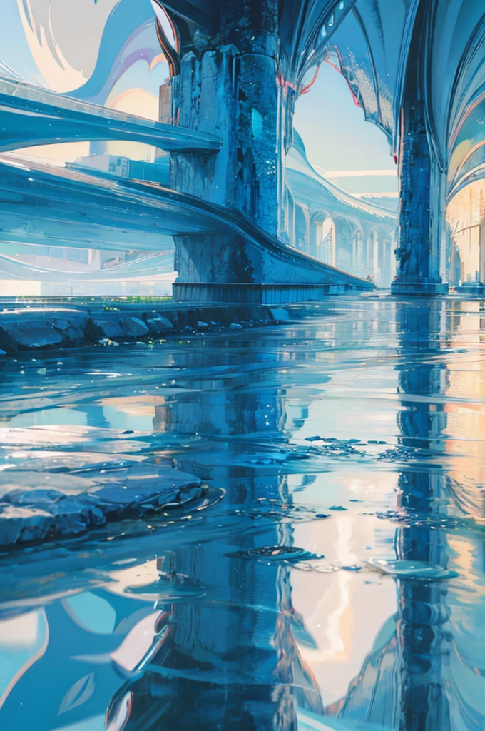 No humans, scenery, Vanishing Point, From below, masterpiece, Highest quality, 8K, Absurd, water surface, summer, noon, sunlight, blue sky, perspective, Depth of written boundary, High resolution, In detail, Super detailed, Sharp focus
