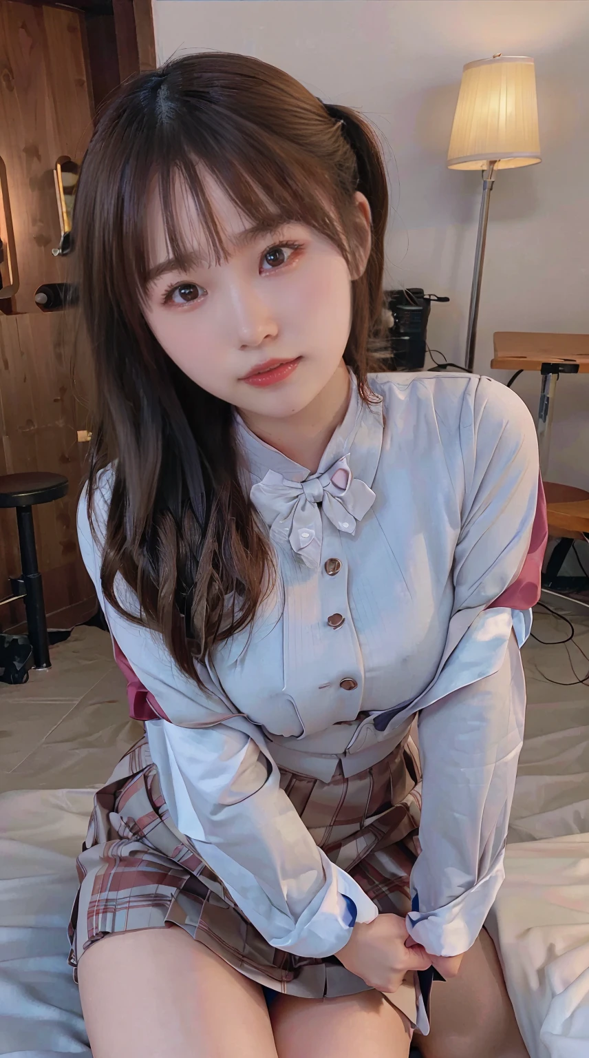 Mature Woman, ((Around 22 years old, round face)), Medium Long Hair, ponytail, Flashy makeup, Fuller lips, Sexy Gaze, uniform, ((dressing)), looking at the camera, Low angle shooting, Cute duck lips, ((Very accurate and correct anatomy)), (masterpiece:1.3), Perfect proportions, Realistic photos, Full Shot, whole body,High heels