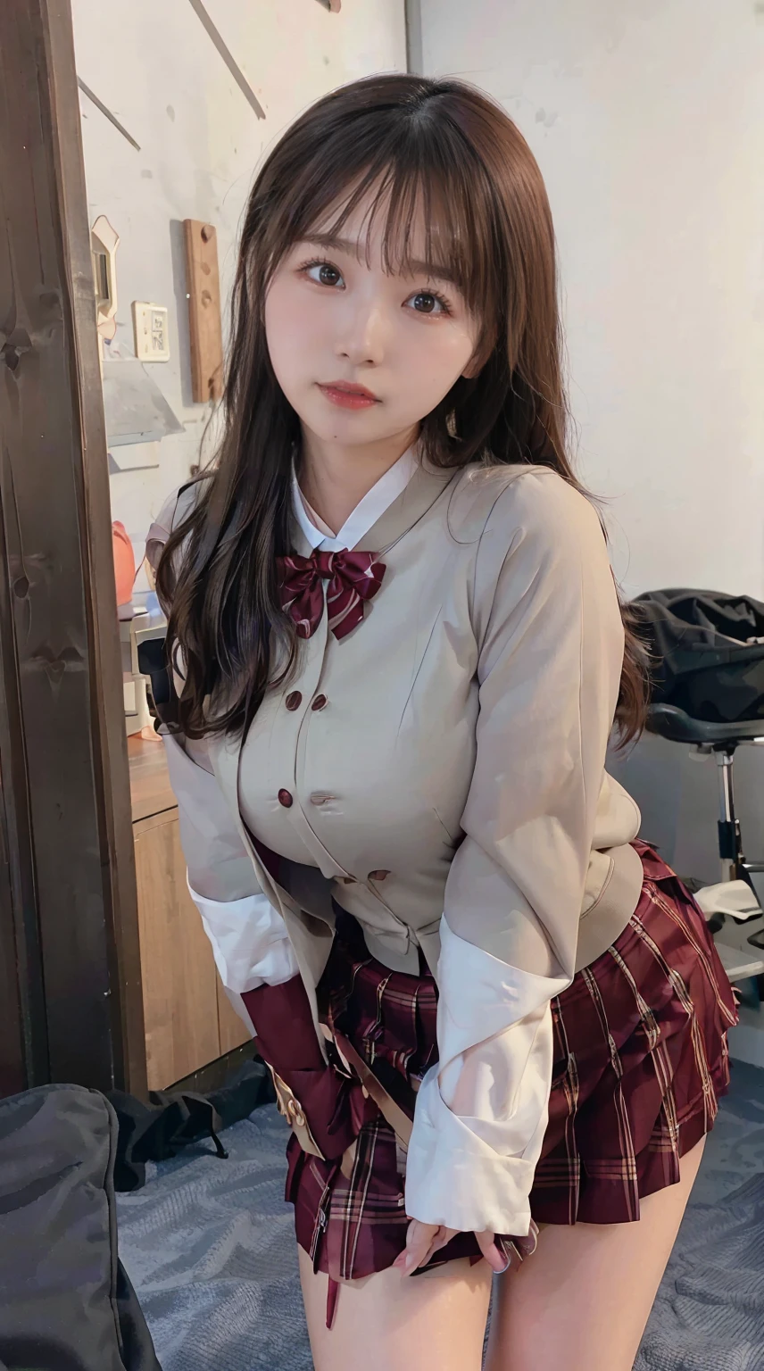 ((cowboy shot)),Ultra-high resolution,big eyes,((brown eyes)),Japanese,(forehead),(a girl),(1 girl),((17 years old)),(cute),pretty,((facing at viewer)),arms behind back,grin,((black school sailor uniform)),pleated skirt,thighs,classroom