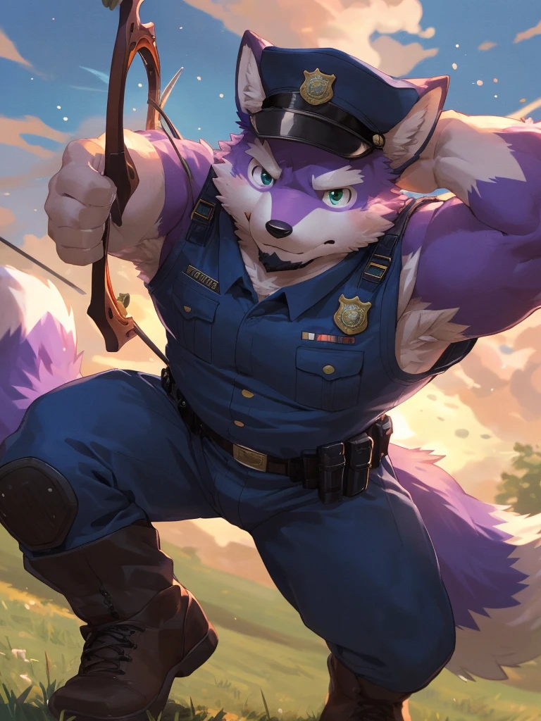 anthro, kemono, male, solo, ((round face, very plump face, thick beard)), (((dark beard))), ((endomorph body type, old-aged, mature)), ((purple fox, fox) fluffy fur, fluffy), (at training camp, field), bokeh, (high quality, highres, masterpiece), (dynamic lighting, vivid color), (calm expression), (face focus), front view (close up), cartoon, (((purple fox))), (((purple fur))), purple hair, beard, white eyebrows, detailed green eyes, tall, steel hunting bow, (((archery armor, military hat, police man, black color outfit, military shoes, police cap, uniform))), by zixiong, by takemoto arashi, by zixiong, (by null-ghost:0.8), (by t.y.stars:0.4), (((action pose))), The man stands with his feet shoulder-width apart, his non-dominant hand gripping the bow firmly. He pulls the bowstring back with his dominant hand, the muscles in his arm and shoulder flexing with the effort. His eyes are narrowed, focused intently on his target.