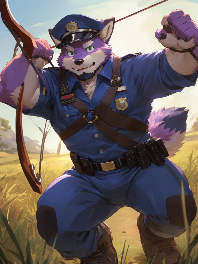 anthro, kemono, male, solo, ((round face, very plump face, thick beard)), (((dark beard))), ((endomorph body type, old-aged, mature)), ((purple fox, fox) fluffy fur, fluffy), (at training camp, field), bokeh, (high quality, highres, masterpiece), (dynamic lighting, vivid color), (calm expression), (face focus), front view (close up), cartoon, (((purple fox))), (((purple fur))), purple hair, beard, white eyebrows, detailed green eyes, tall, steel hunting bow, (((archery armor, military hat, police man, black color outfit, military shoes, police cap, uniform))), by zixiong, by takemoto arashi, by zixiong, (by null-ghost:0.8), (by t.y.stars:0.4), (((action pose))), The man stands with his feet shoulder-width apart, his non-dominant hand gripping the bow firmly. He pulls the bowstring back with his dominant hand, the muscles in his arm and shoulder flexing with the effort. His eyes are narrowed, focused intently on his target.