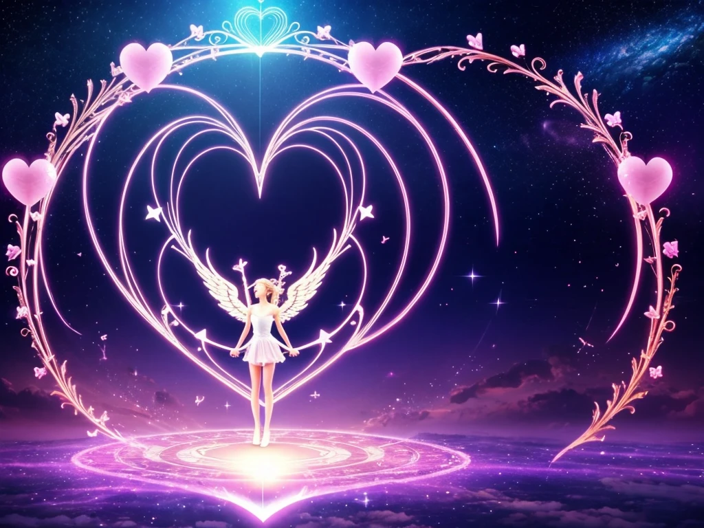 Open the dimensional gate where Cupid stands, Surrounded by floating 3D hearts and roses, Lovers、Twin Ray、Twin Flame、universe、Star、流れStar、like、lover、Couple、Healing space、Men and women