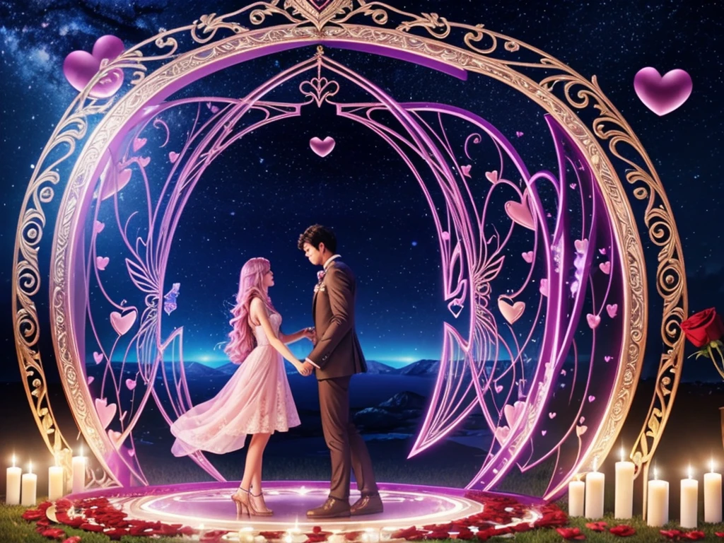 Open the dimensional gate where Cupid stands, Surrounded by floating 3D hearts and roses, Lovers、Twin Ray、Twin Flame、universe、Star、流れStar、like、lover、Couple、Healing space、Men and women