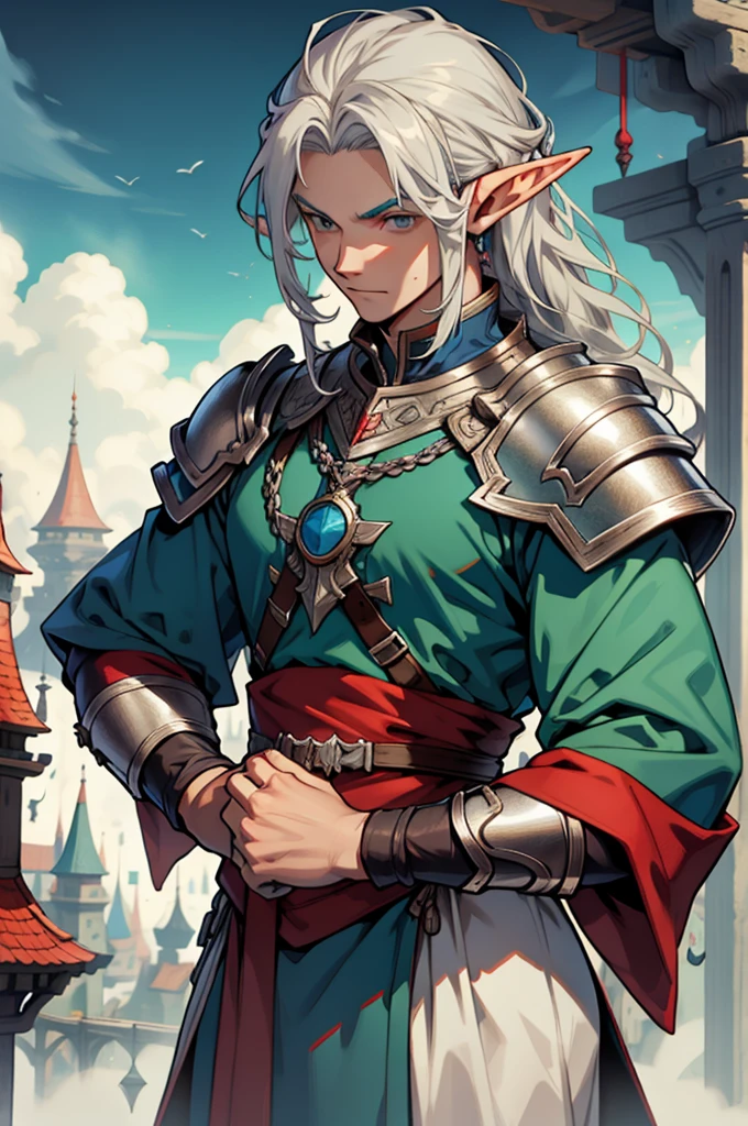 Elf man, Long silver hair, fit, wearing blue, red, green robes, wearing silver braces and shoulder pads
