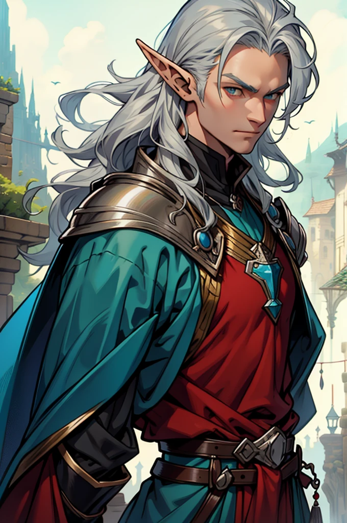 Elf man, Long silver hair, fit, wearing blue, red, green robes, wearing silver braces and shoulder pads